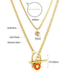 Stainless Steel Oval Hollow Round Orange Drip Oil With Star + Chain With Diamond Double Chain Necklace