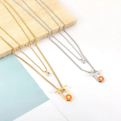 Stainless Steel Oval Hollow Round Orange Drip Oil With Star + Chain With Diamond Double Chain Necklace asonjewelry
