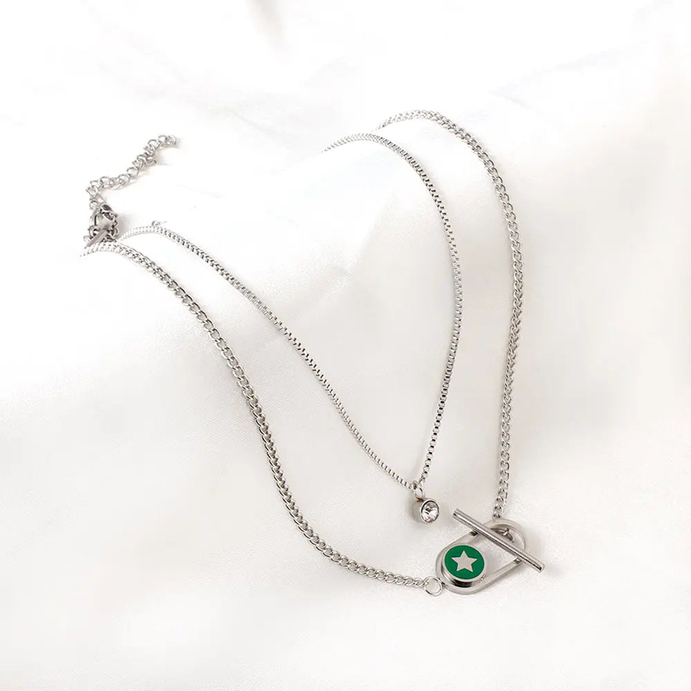 Stainless Steel Oval Hollow Round Green Drip Oil With Star + Chain With Diamond Double Chain Necklace asonjewelry