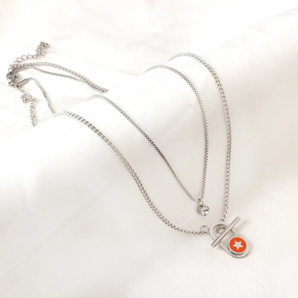 Stainless Steel Oval Hollow Round Orange Drip Oil With Star + Chain With Diamond Double Chain Necklace asonjewelry