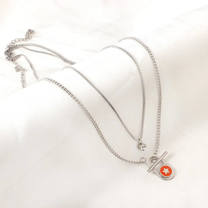 Stainless Steel Oval Hollow Round Orange Drip Oil With Star + Chain With Diamond Double Chain Necklace asonjewelry