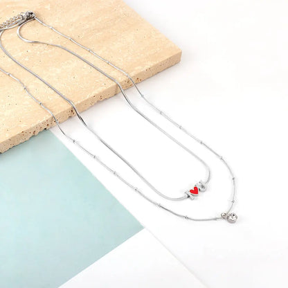Stainless Steel I Heart U Red Accessories with Diamonds Double Chain Necklace asonjewelry