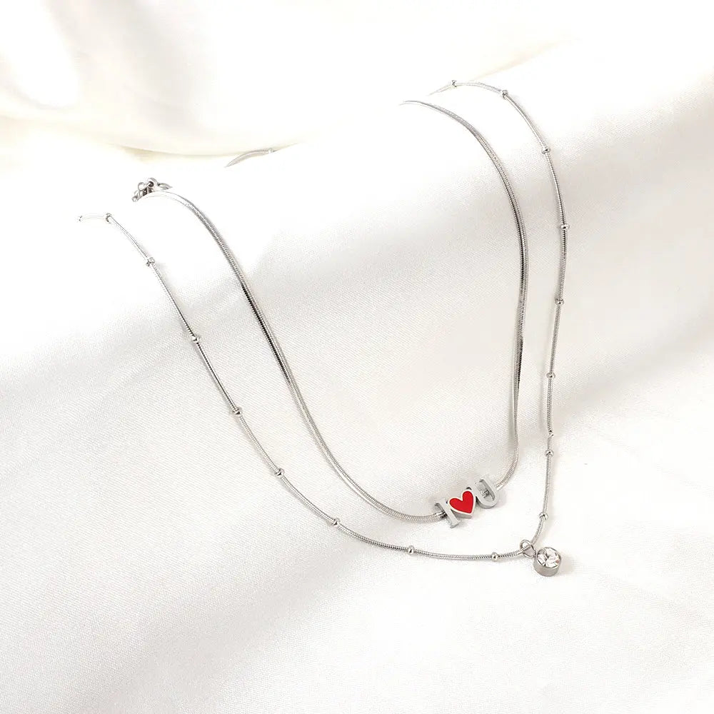 Stainless Steel I Heart U Red Accessories with Diamonds Double Chain Necklace asonjewelry
