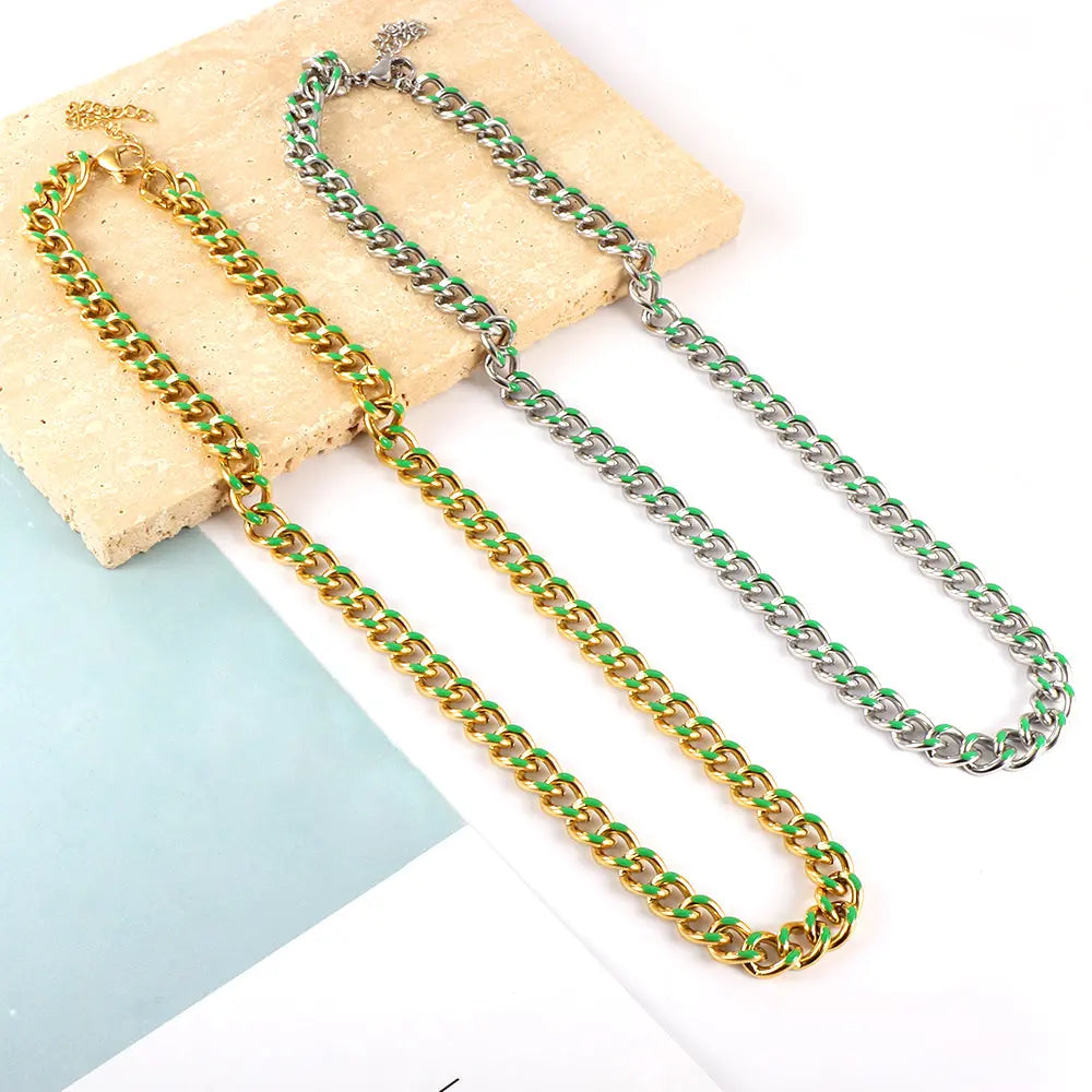 Stainless Steel 18k Gold Plated Green Drip Oil Chains asonjewelry