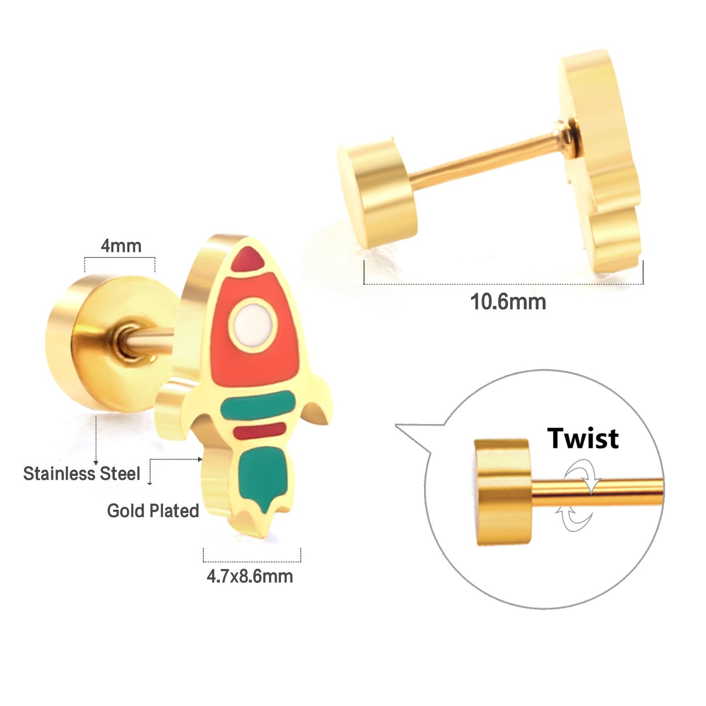 New Fashion Stainless Steel Screw Plug Mixed Color Rocket Stud Earrings asonjewelry