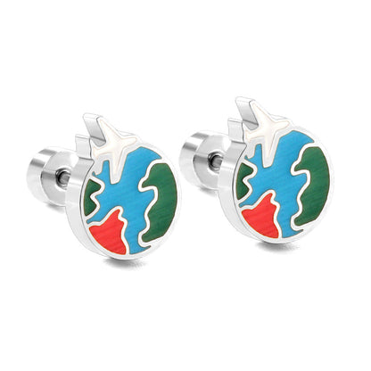 New Fashion Stainless Steel Screw Plug Mixed-color Aircraft + Earth Stud Earrings asonjewelry