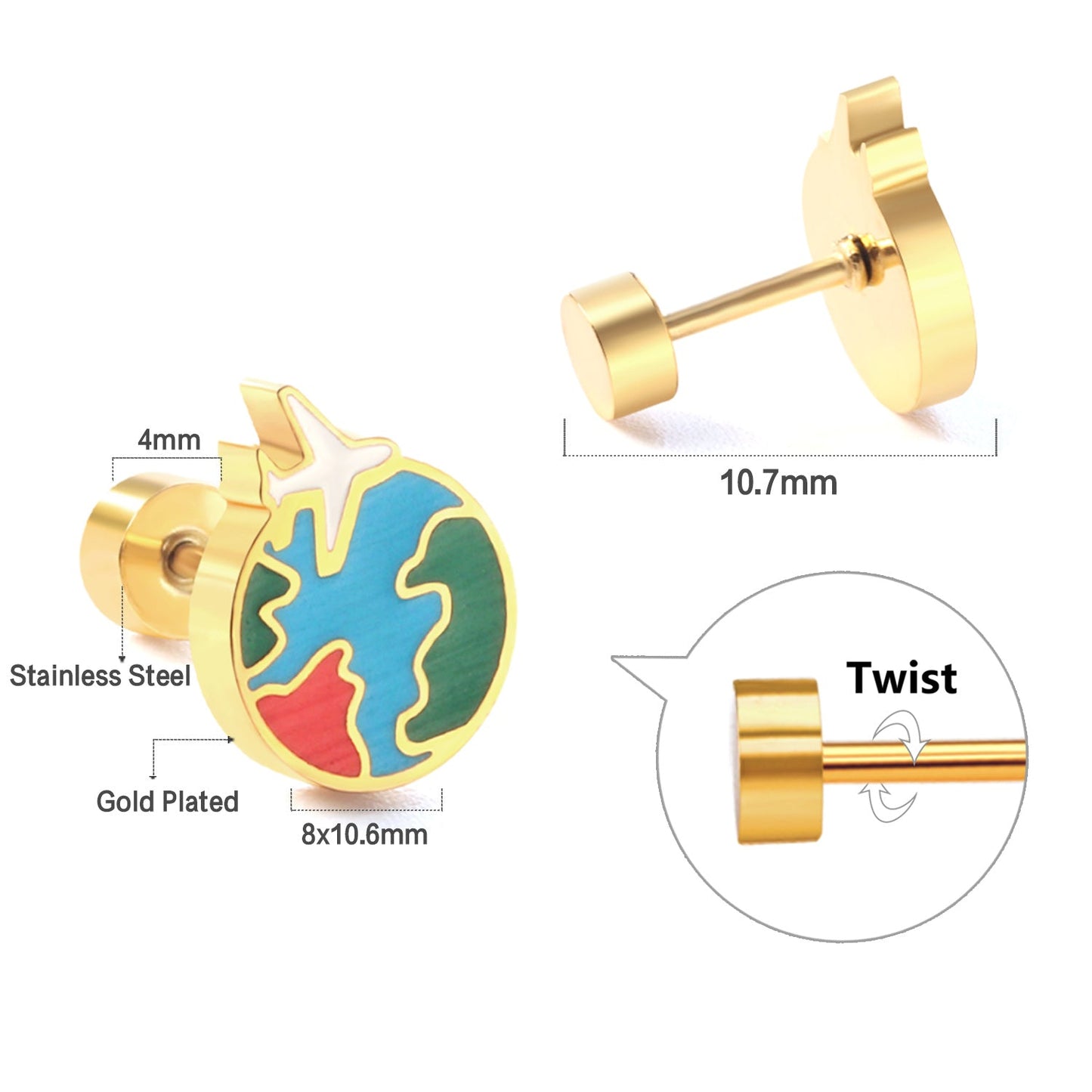 New Fashion Stainless Steel Screw Plug Mixed-color Aircraft + Earth Stud Earrings asonjewelry