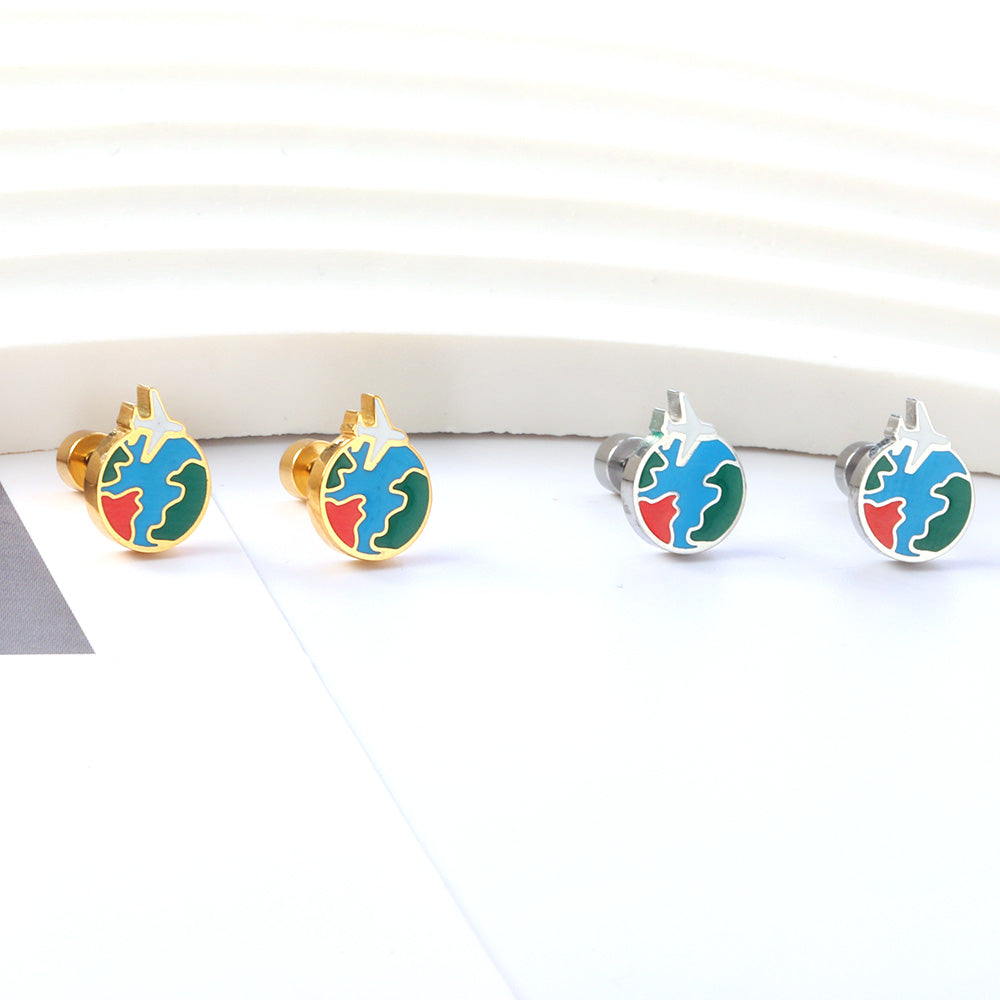 New Fashion Stainless Steel Screw Plug Mixed-color Aircraft + Earth Stud Earrings asonjewelry