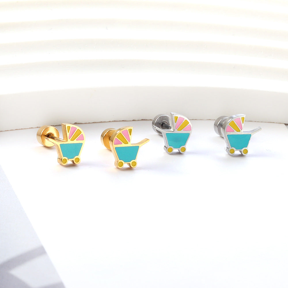 New Fashion Stainless Steel Screw Plug Mixed Color Baby Carriage Stud Earrings asonjewelry