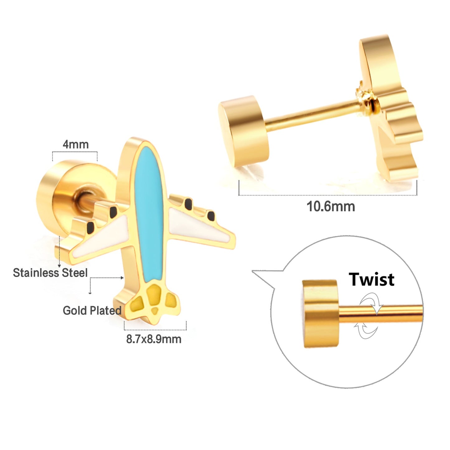 New Fashion Stainless Steel Screw Plug Mixed Color Airliner Stud Earrings asonjewelry