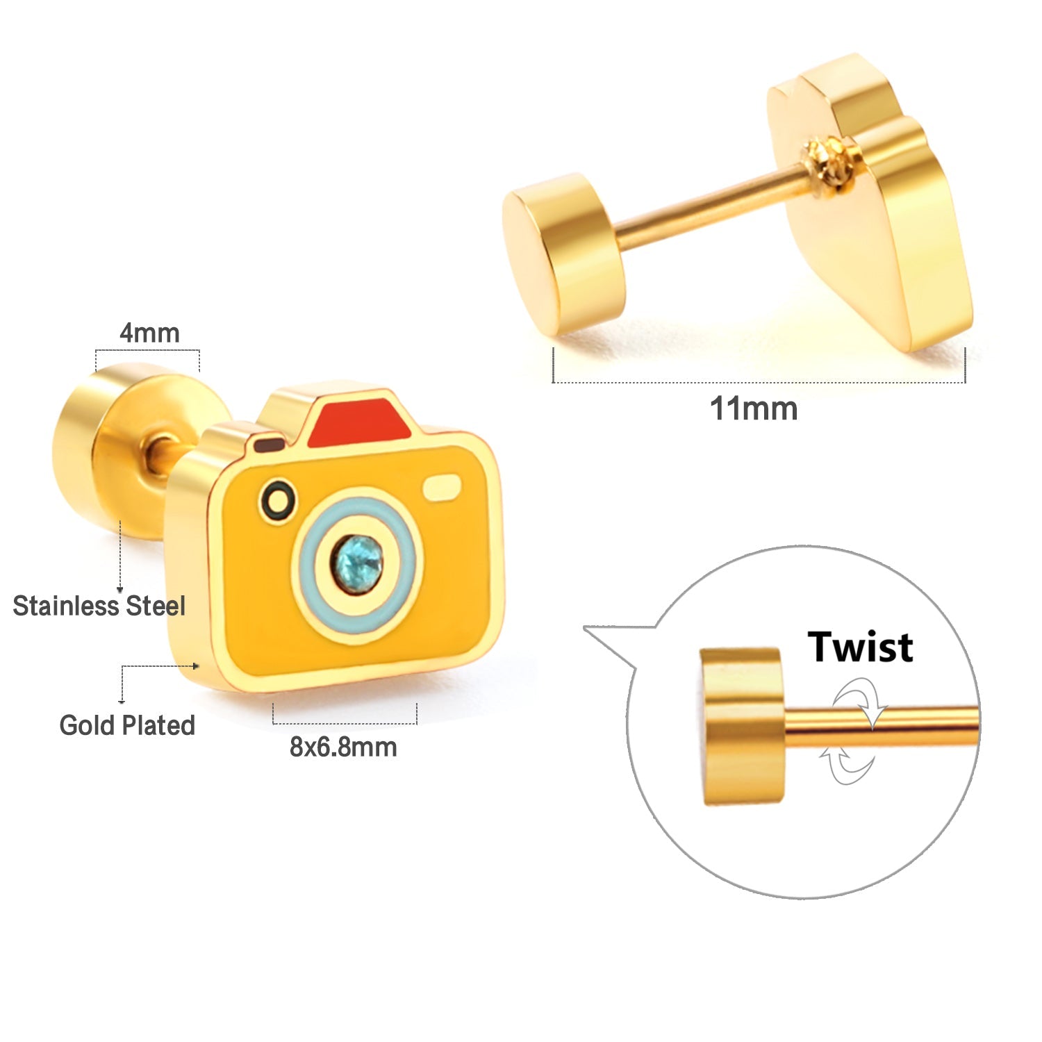 New Fashion Stainless Steel Screw Plug Mixed Color Camera Stud Earrings asonjewelry