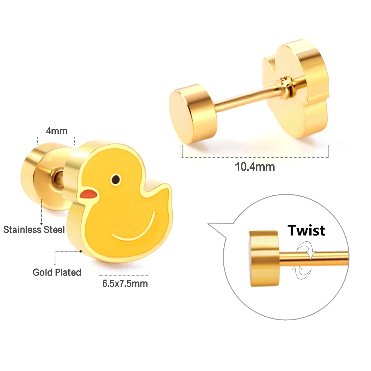 New Fashion Stainless Steel Screw Plug Little Yellow Duck Stud Earrings asonjewelry