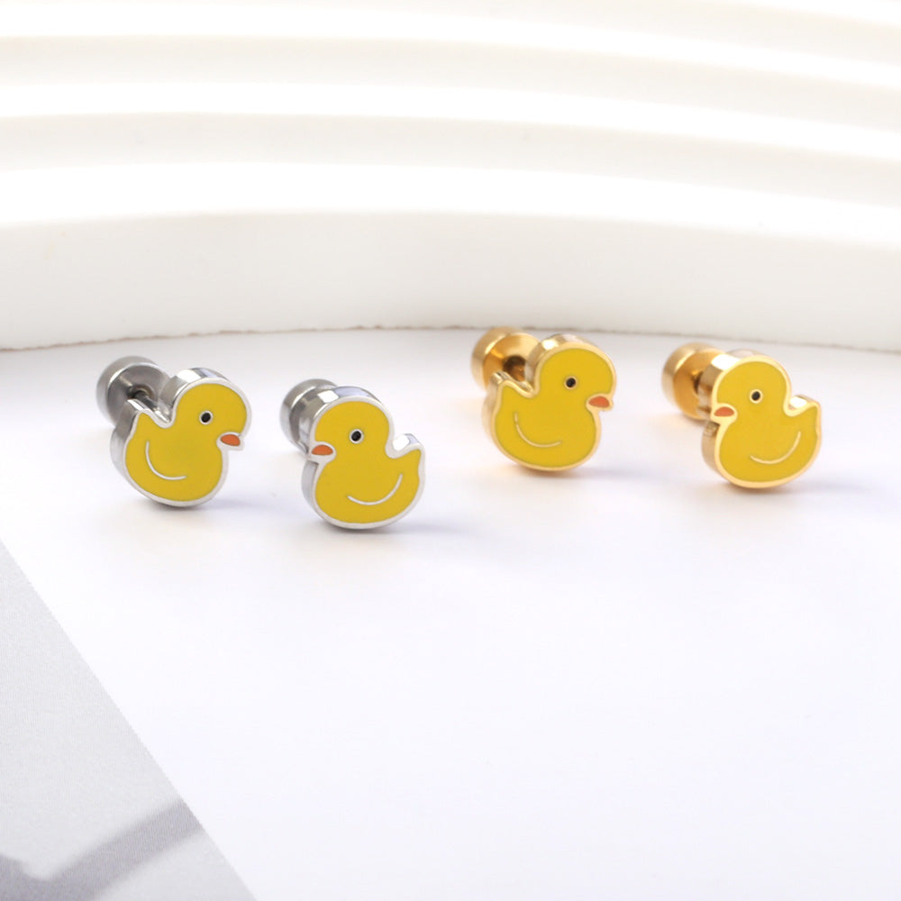 New Fashion Stainless Steel Screw Plug Little Yellow Duck Stud Earrings asonjewelry