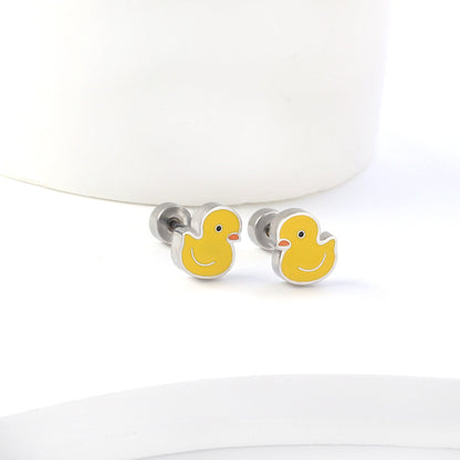 New Fashion Stainless Steel Screw Plug Little Yellow Duck Stud Earrings asonjewelry