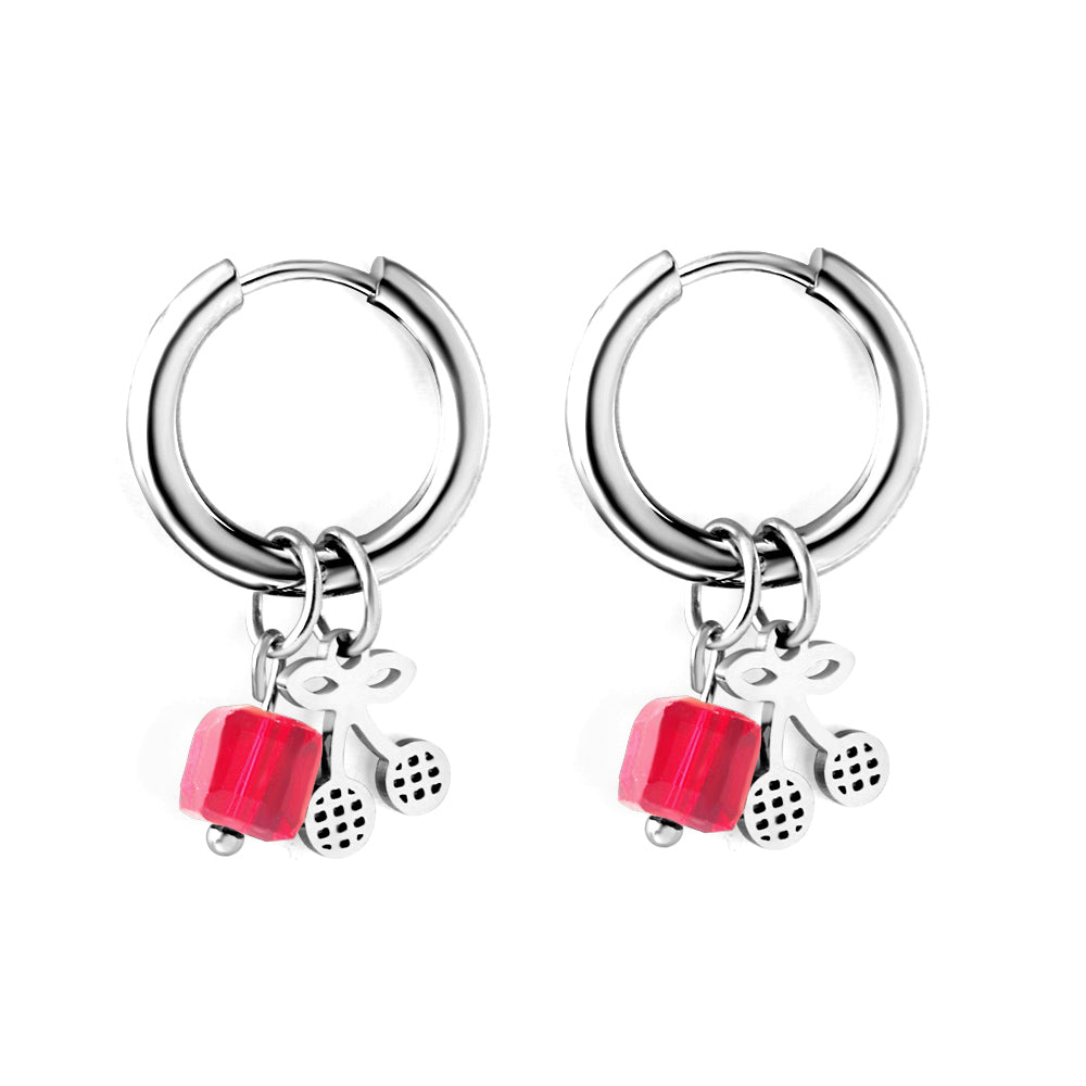 Stainless Steel Circle With Red Square Diamond+Cherry Earrings asonjewelry
