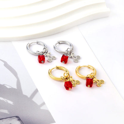 Stainless Steel Circle With Red Square Diamond+Cherry Earrings asonjewelry