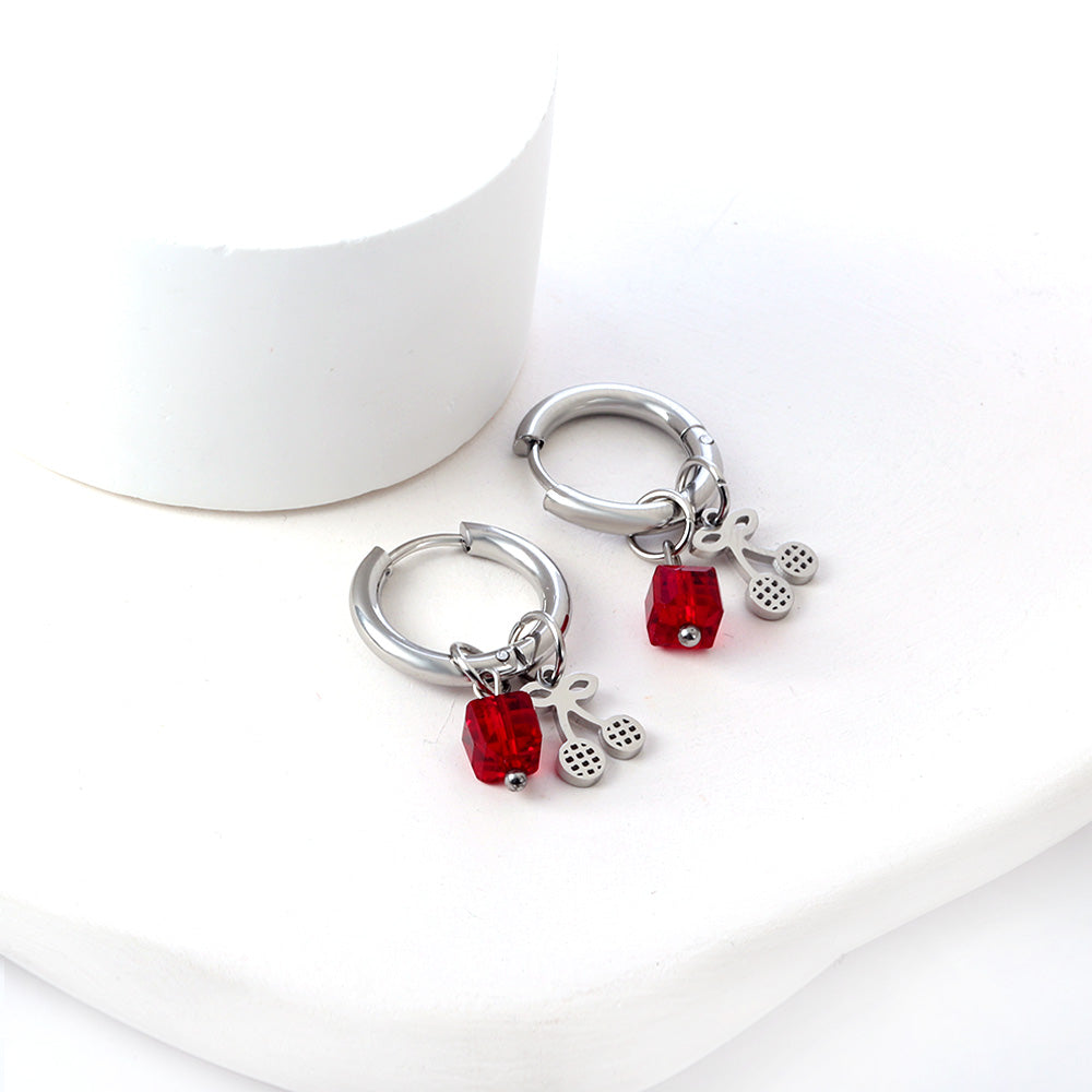 Stainless Steel Circle With Red Square Diamond+Cherry Earrings asonjewelry