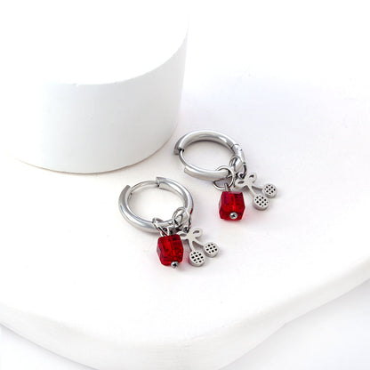 Stainless Steel Circle With Red Square Diamond+Cherry Earrings asonjewelry