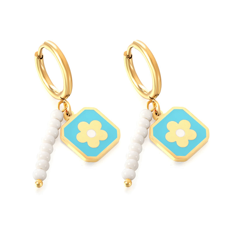 Stainless Steel Circle With 8 White Beads+Square With Blue Peach Blossom Earrings