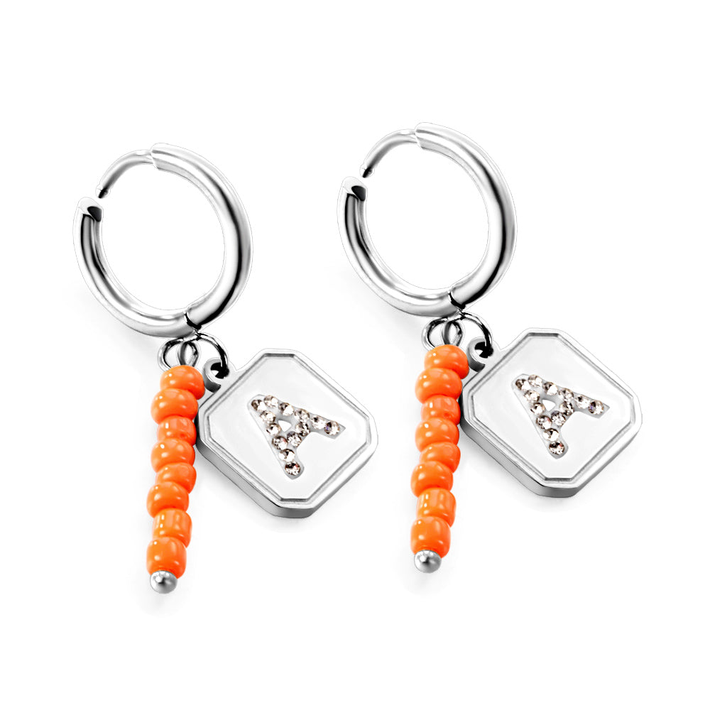 Stainless Steel Circle With 8 Orange Red Beads+Square With White Diamond A Earrings asonjewelry