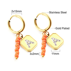 Boucles D'oreilles Cercle En Acier Inoxydable Avec 8 Perles Rouge Orange + Carré Avec Diamant Blanc A