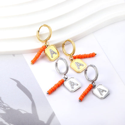 Stainless Steel Circle With 8 Orange Red Beads+Square With White Diamond A Earrings asonjewelry