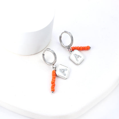 Stainless Steel Circle With 8 Orange Red Beads+Square With White Diamond A Earrings asonjewelry