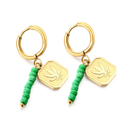 Stainless Steel Circle With 8 Green Beads+Square With Leaf Earrings asonjewelry