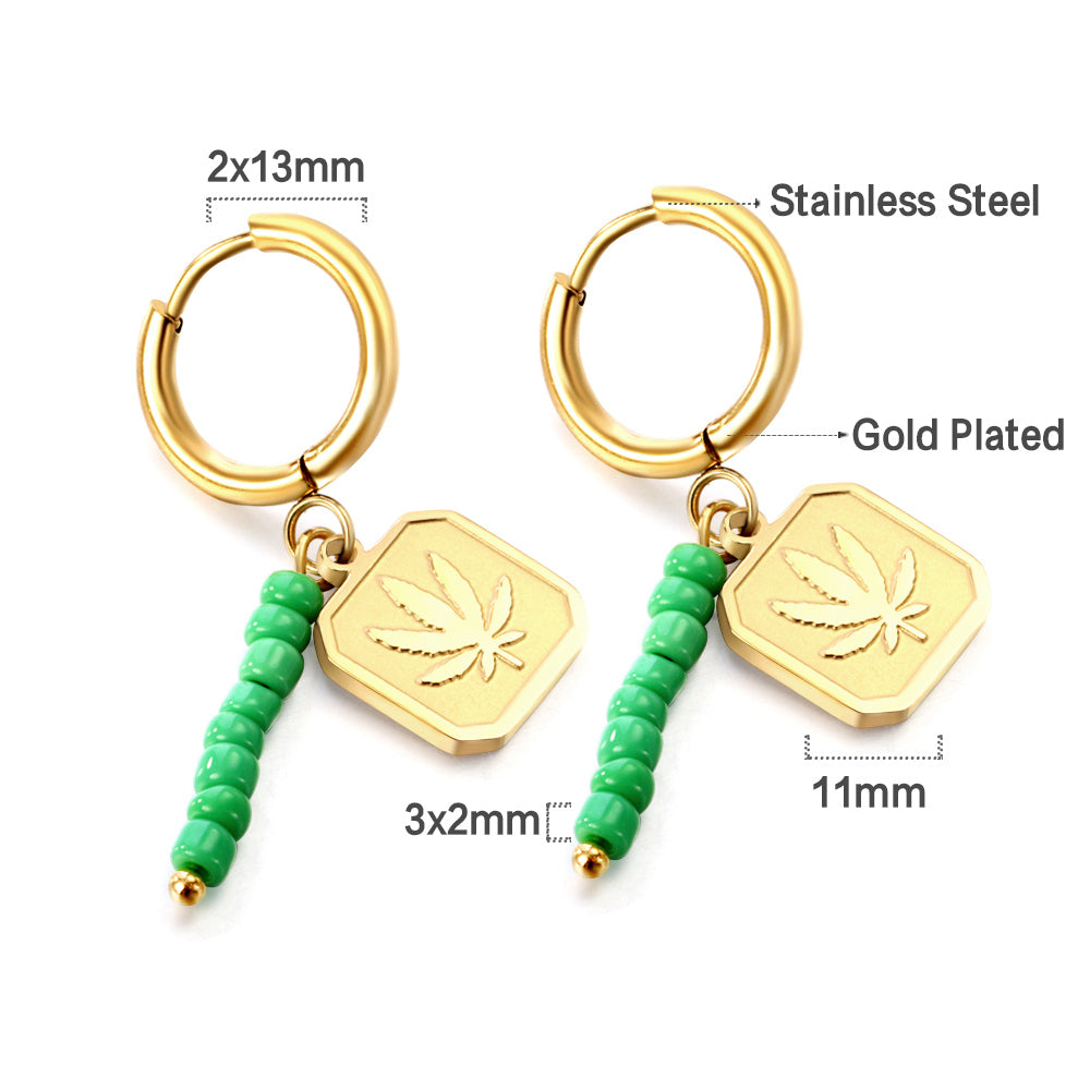 Stainless Steel Circle With 8 Green Beads+Square With Leaf Earrings asonjewelry