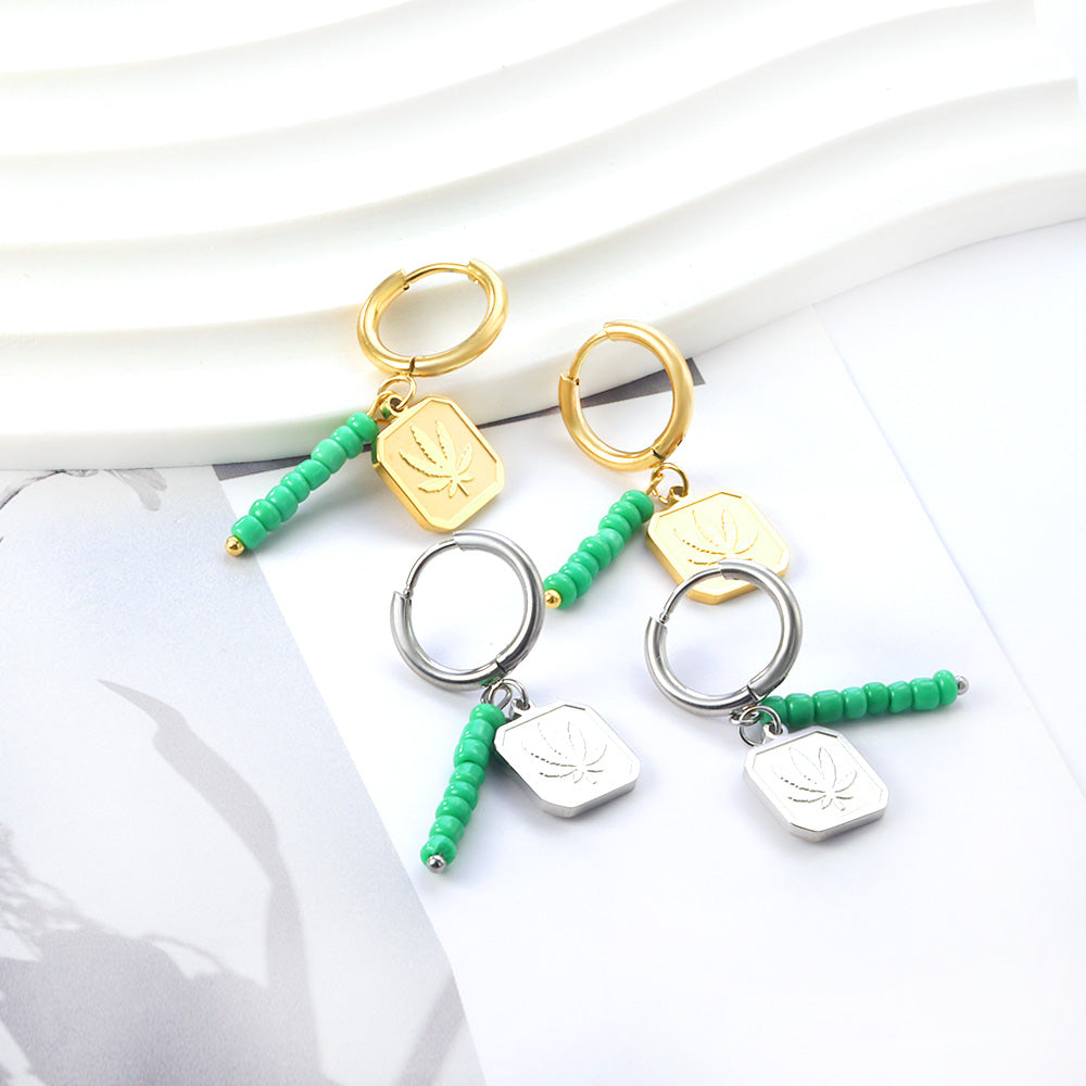 Stainless Steel Circle With 8 Green Beads+Square With Leaf Earrings asonjewelry