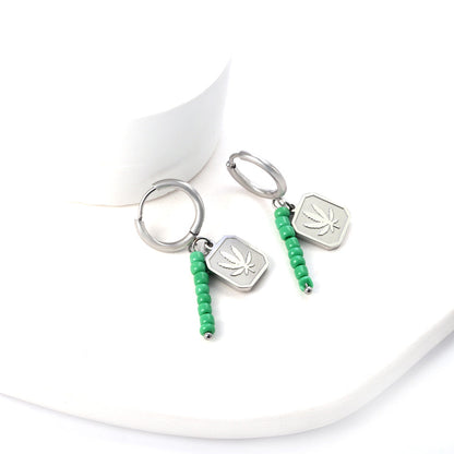 Stainless Steel Circle With 8 Green Beads+Square With Leaf Earrings asonjewelry