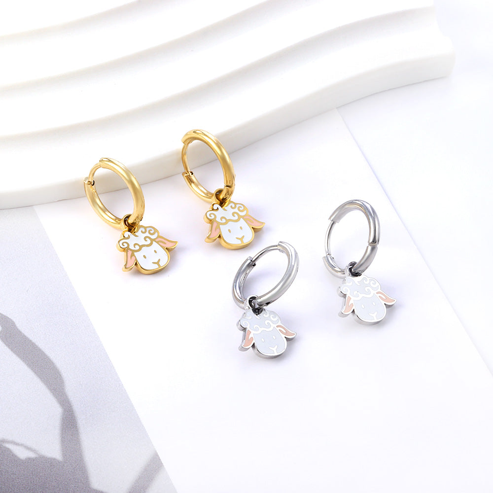 New Stainless Steel Circle With Mixed-colored Lamb Head Earrings asonjewelry