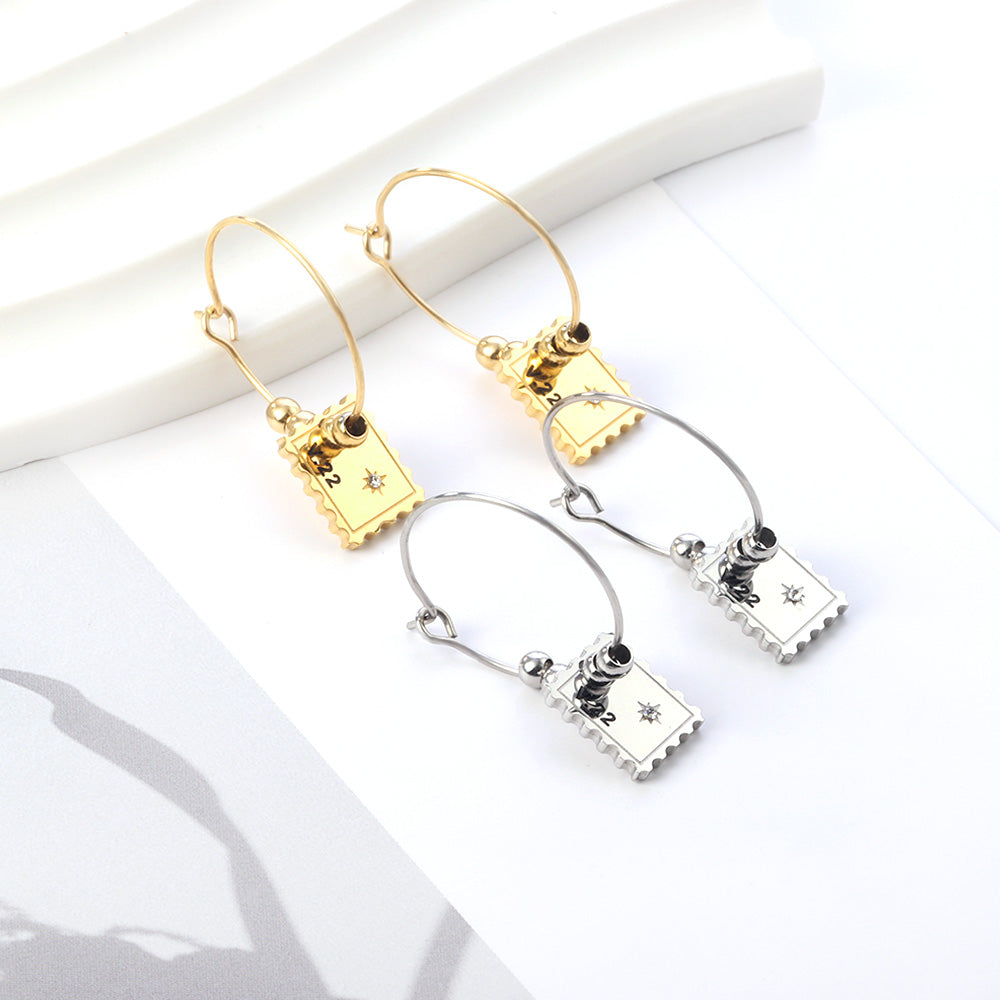 New Stainless Steel Circles With Stamps And Diamonds Earrings asonjewelry