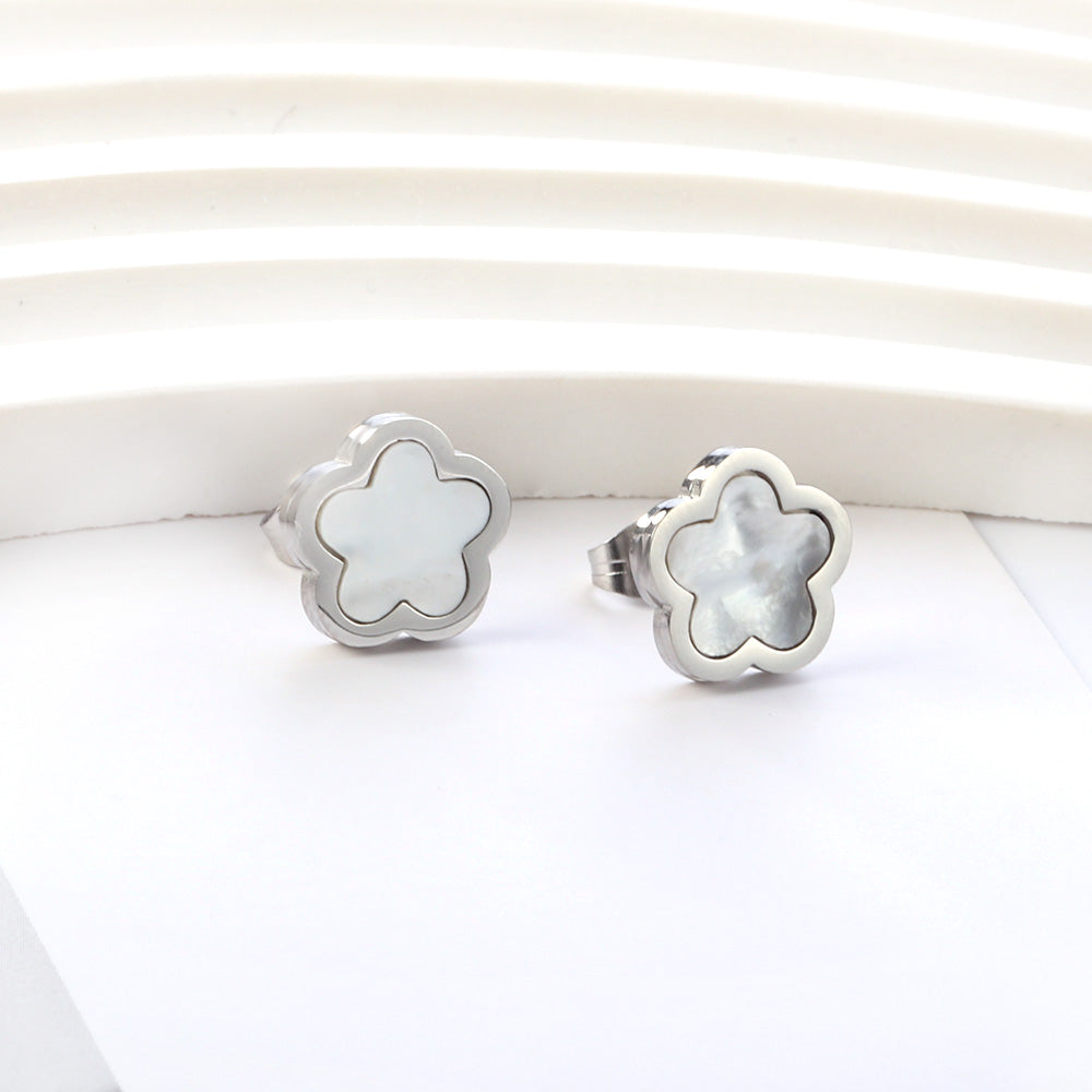 New Stainless Steel Peach Blossoms With White Shell Cutting Stud Earrings asonjewelry