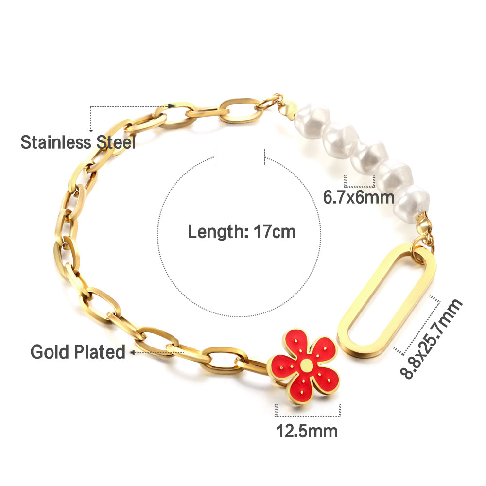 New 5 White Pearl+Red Peach Blossom Accessories Bracelet asonjewelry