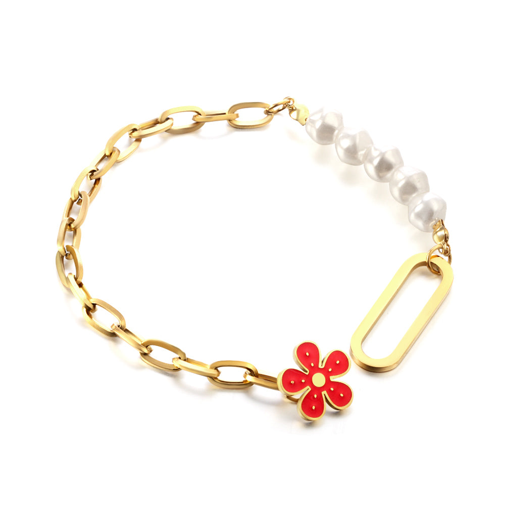 New 5 White Pearl+Red Peach Blossom Accessories Bracelet asonjewelry