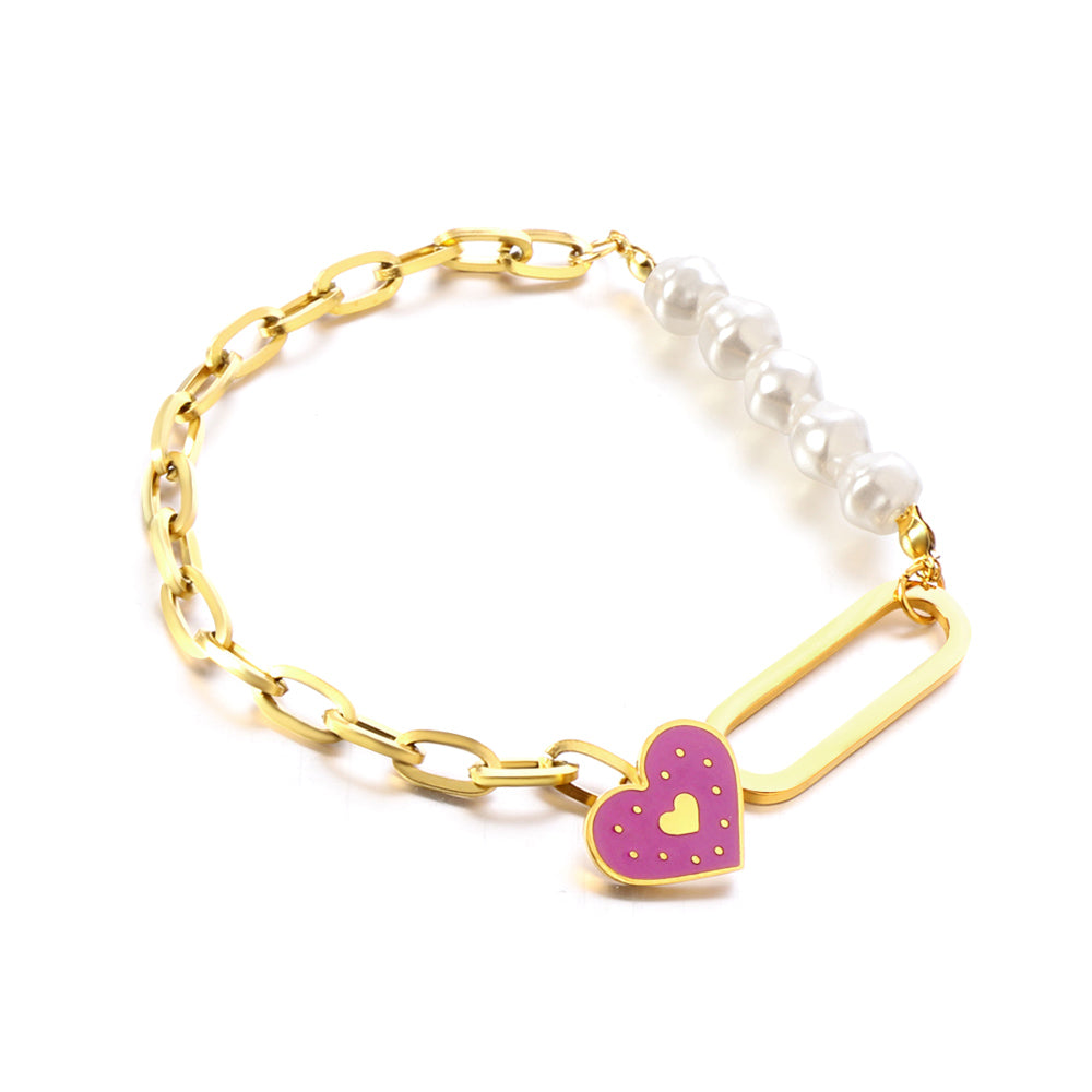 Stainless steel 5 White Pearls+Purple Heart-shaped Accessories Bracelet asonjewelry
