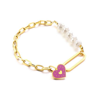 Stainless steel 5 White Pearls+Purple Heart-shaped Accessories Bracelet asonjewelry