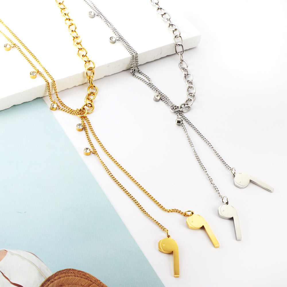 New 6 White Diamonds + 2pcs 6 Accessories + Single Side Double Chain Necklace asonjewelry