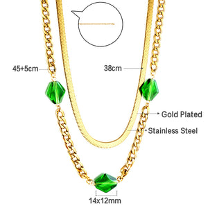 Collier Double Chaîne Accessoire 3 Losanges Diamants Verts