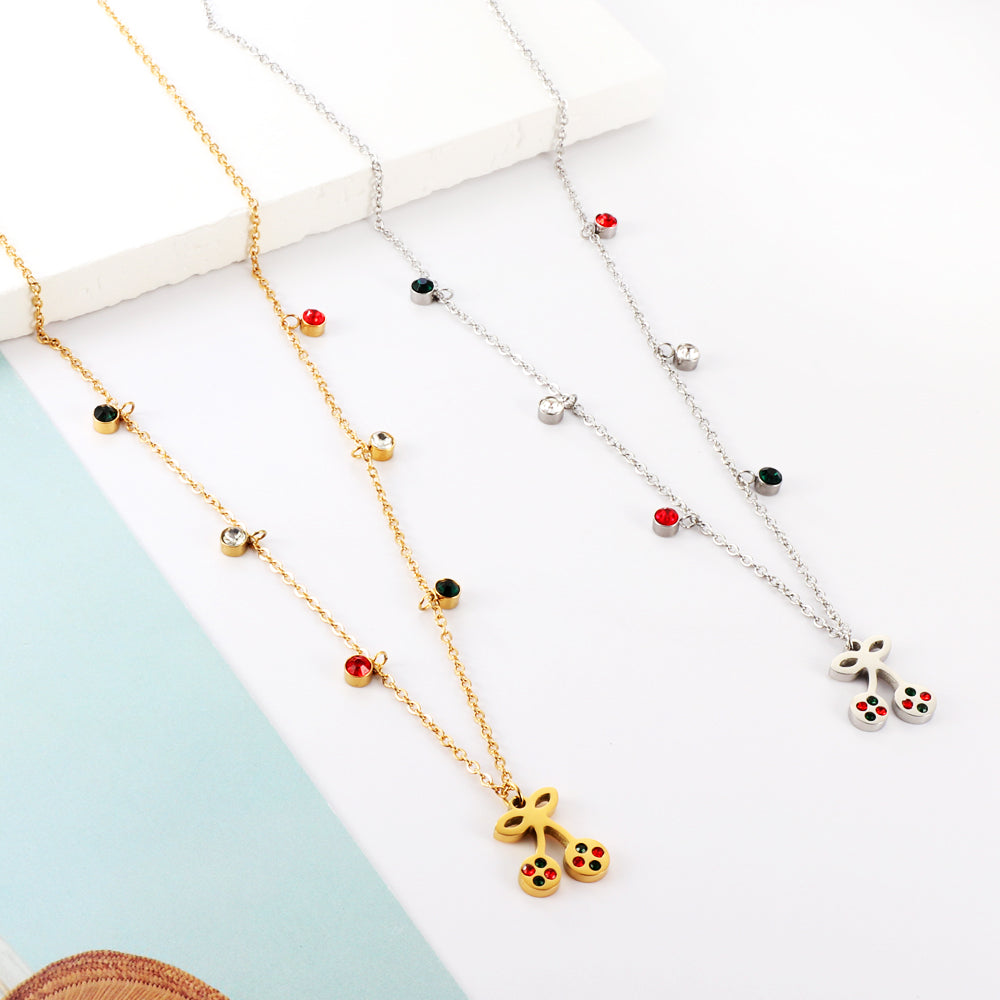 New Fashion 6 Mixed Color Round Diamonds+Cherry Mixed Color Drip Oil Accessory Necklace asonjewelry