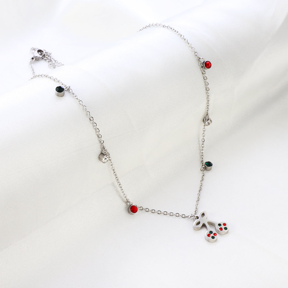 New Fashion 6 Mixed Color Round Diamonds+Cherry Mixed Color Drip Oil Accessory Necklace asonjewelry
