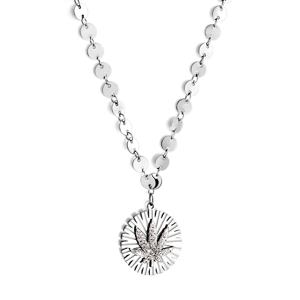 Stainless Steel Round Accessory With White Mud Drill Leaf Necklace asonjewelry