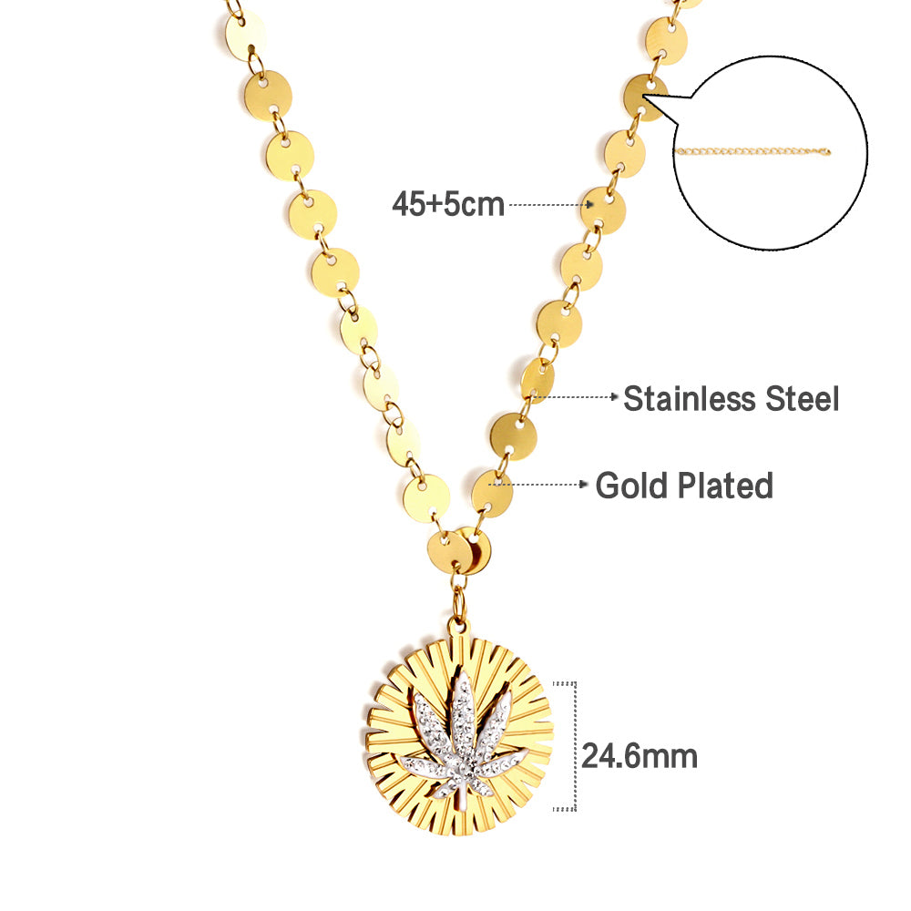 Stainless Steel Round Accessory With White Mud Drill Leaf Necklace asonjewelry
