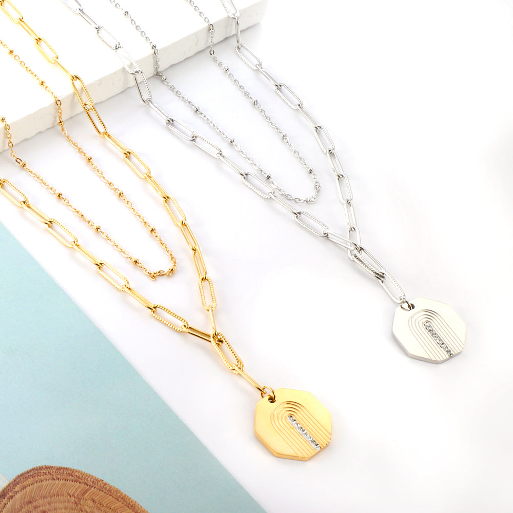 Hexagonal With Diamond Accessory Double Chain Necklace asonjewelry