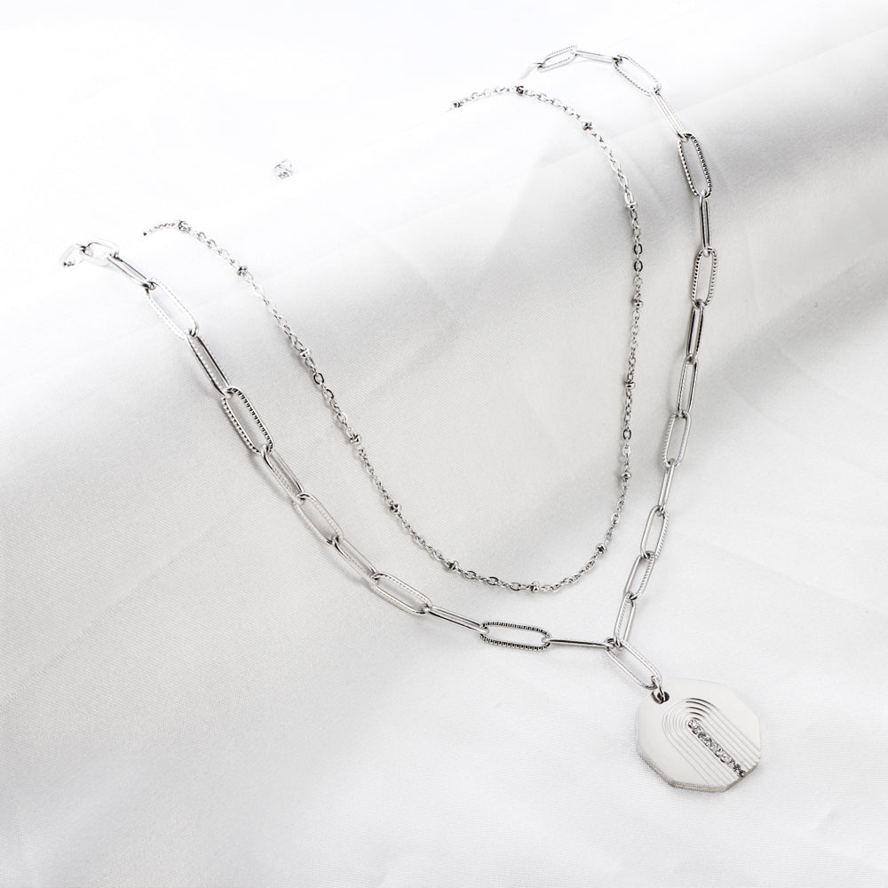 Hexagonal With Diamond Accessory Double Chain Necklace asonjewelry