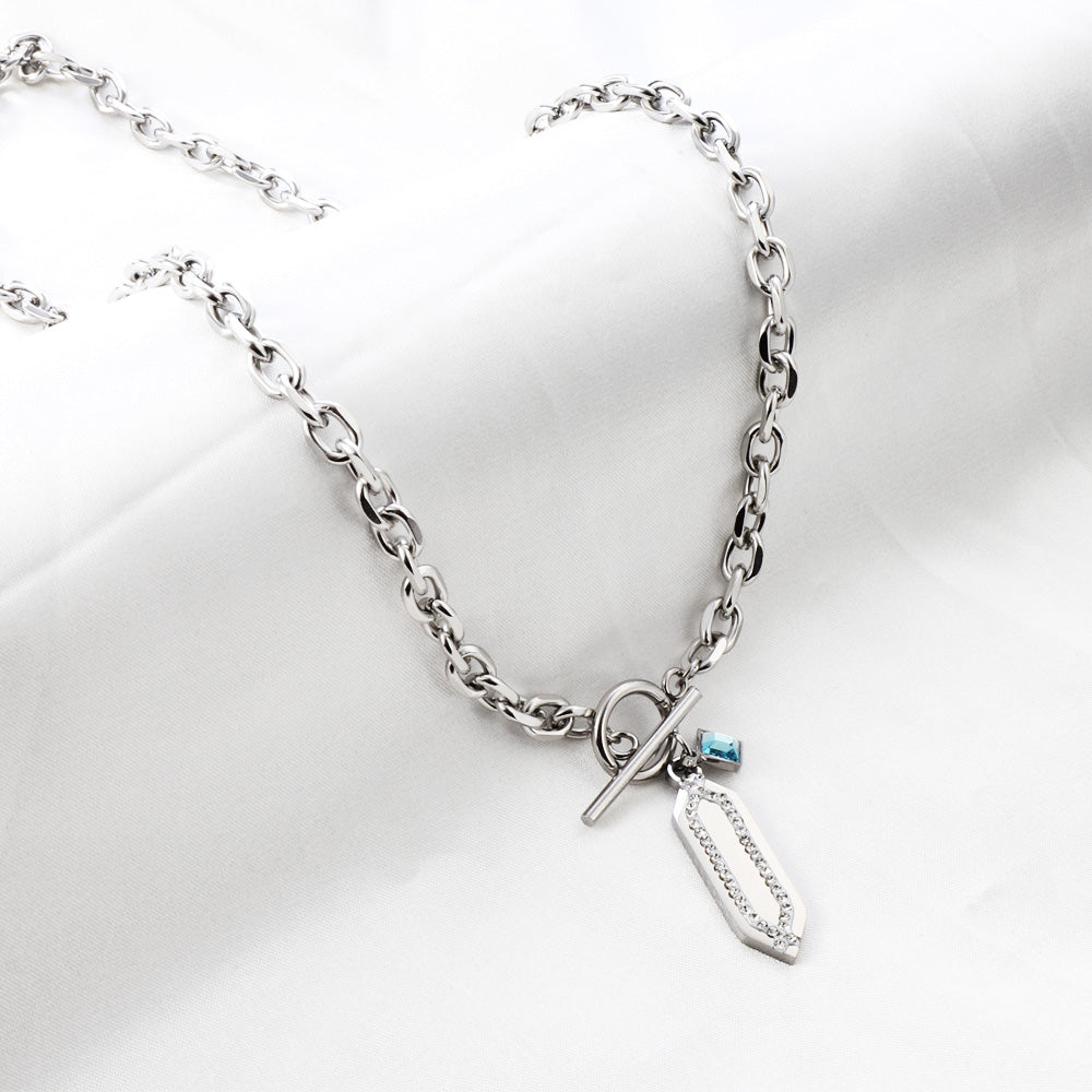 Rhombus Accessory With White Diamond+Square Lake Blue Diamond Necklace asonjewelry
