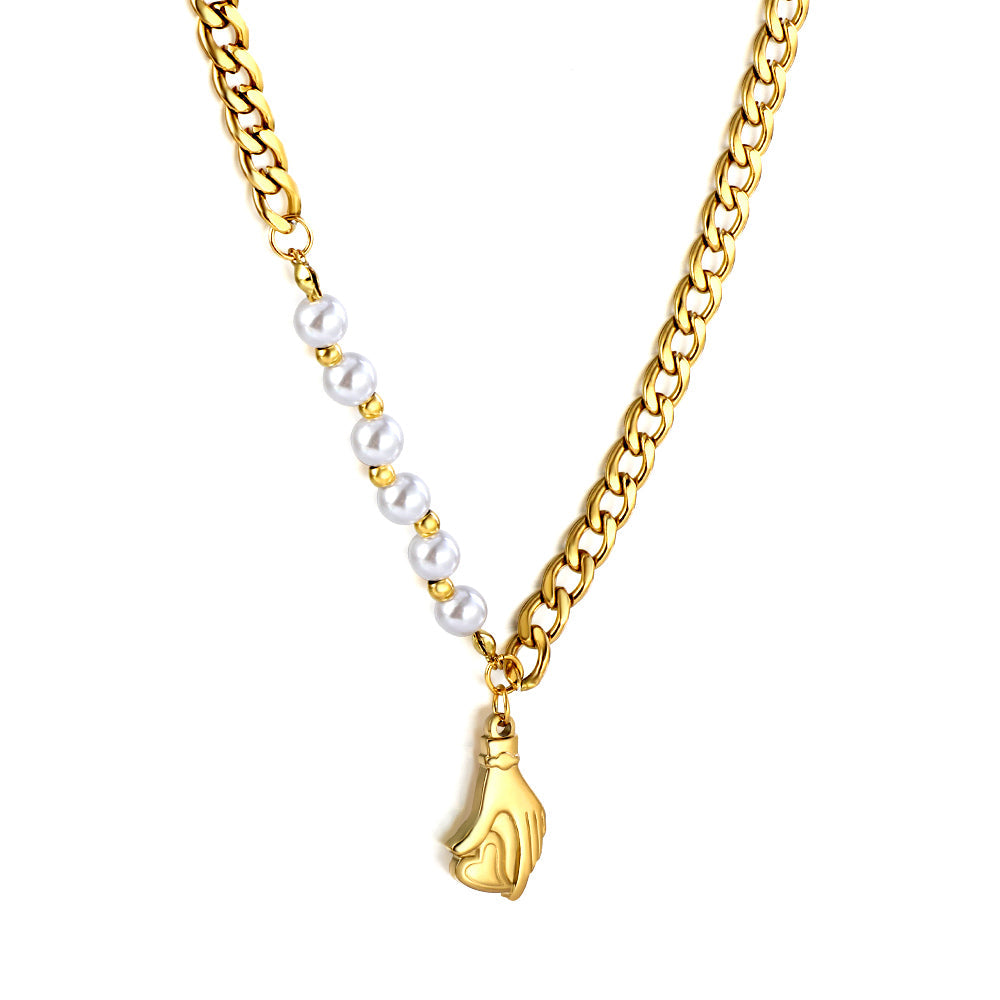 Stainless Steel 6 White Pearls+Hand Belt Loving Accessories Necklace asonjewelry