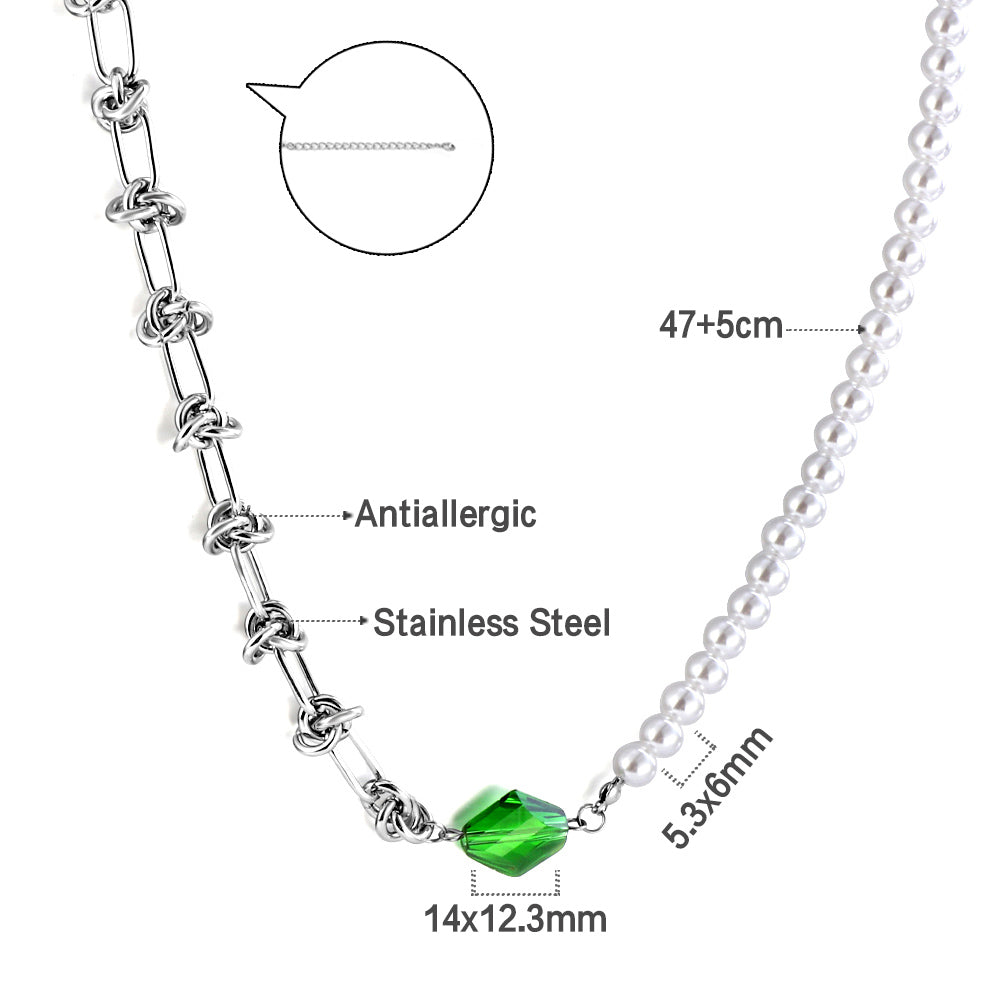 Stainless Steel Rhombus Green Diamond+Half White Pearls Necklace asonjewelry