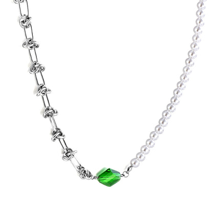 Stainless Steel Rhombus Green Diamond+Half White Pearls Necklace asonjewelry